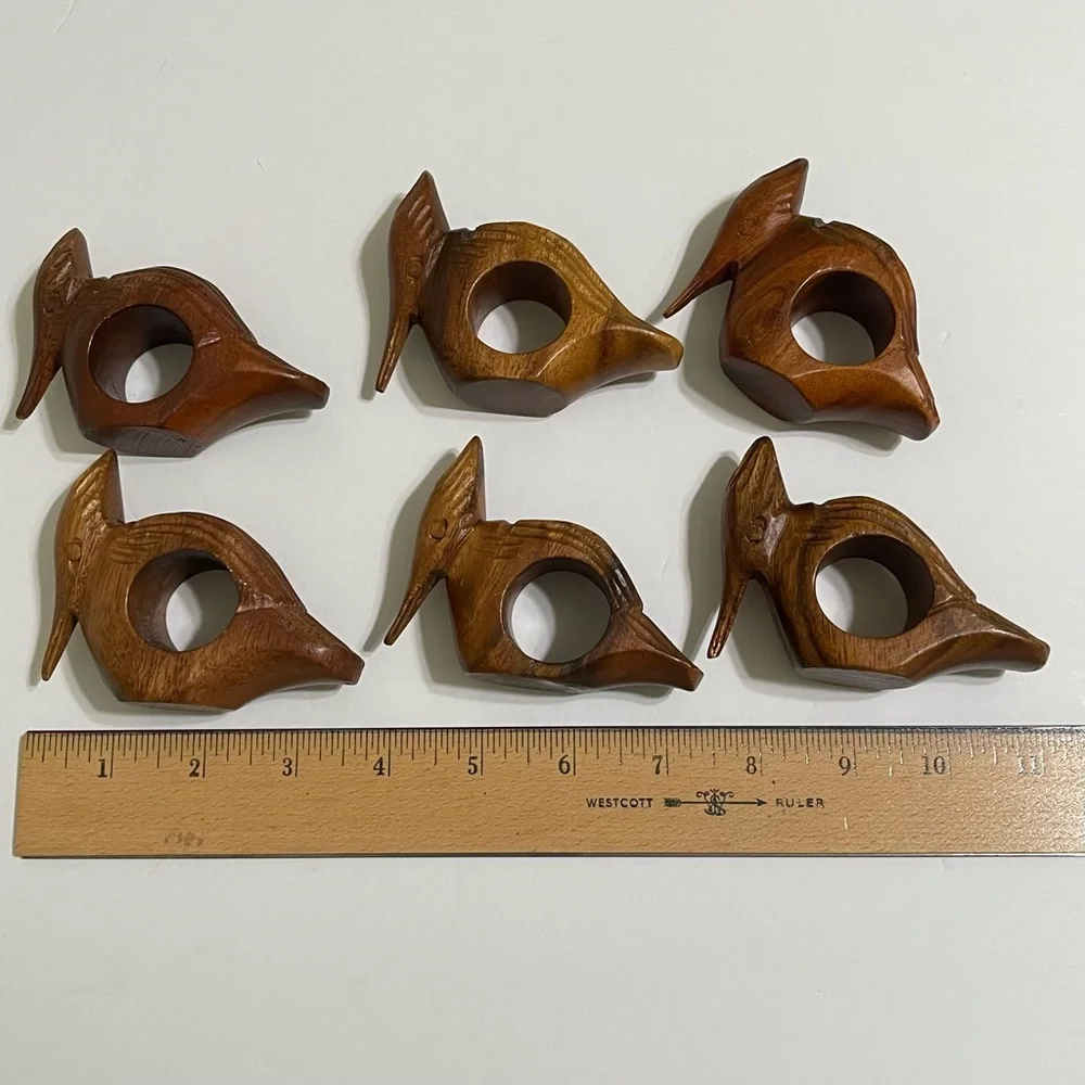 Woodpecker Bird Napkin Rings Hand Carved Wood Rustic Farmhouse Cabin Set of 6